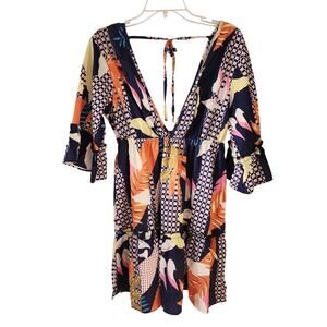 AIMAGE Blue Orange Deep V Neck Short Summer Spring Dress Size S